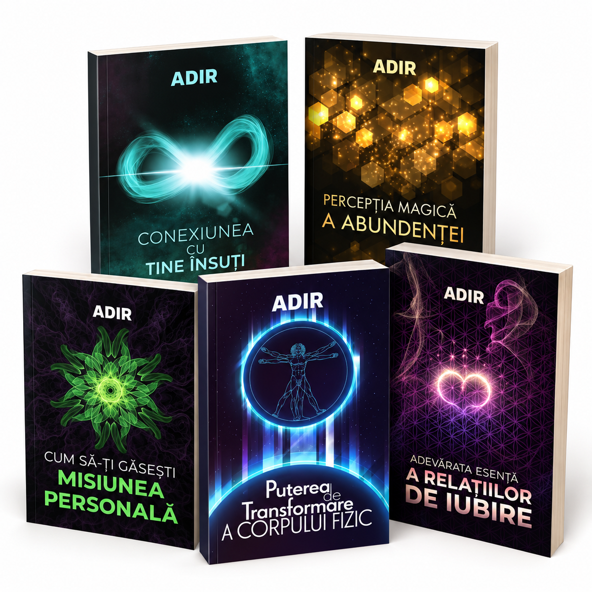 Pachet Seria ADIR – Adevărata esență a relațiilor de iubire + Conexiunea cu tine însuți + Percepția magică a abundenței + Puterea de transformare a corpului fizic + Cum să-ți găsești misiunea personală