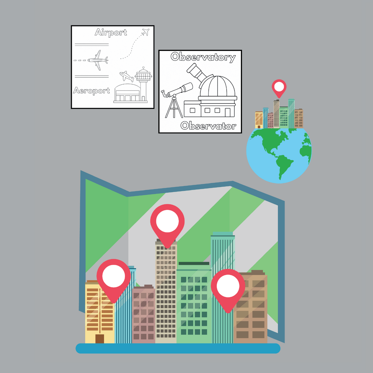 Buildings coloring book from A to Z (RO-EN)