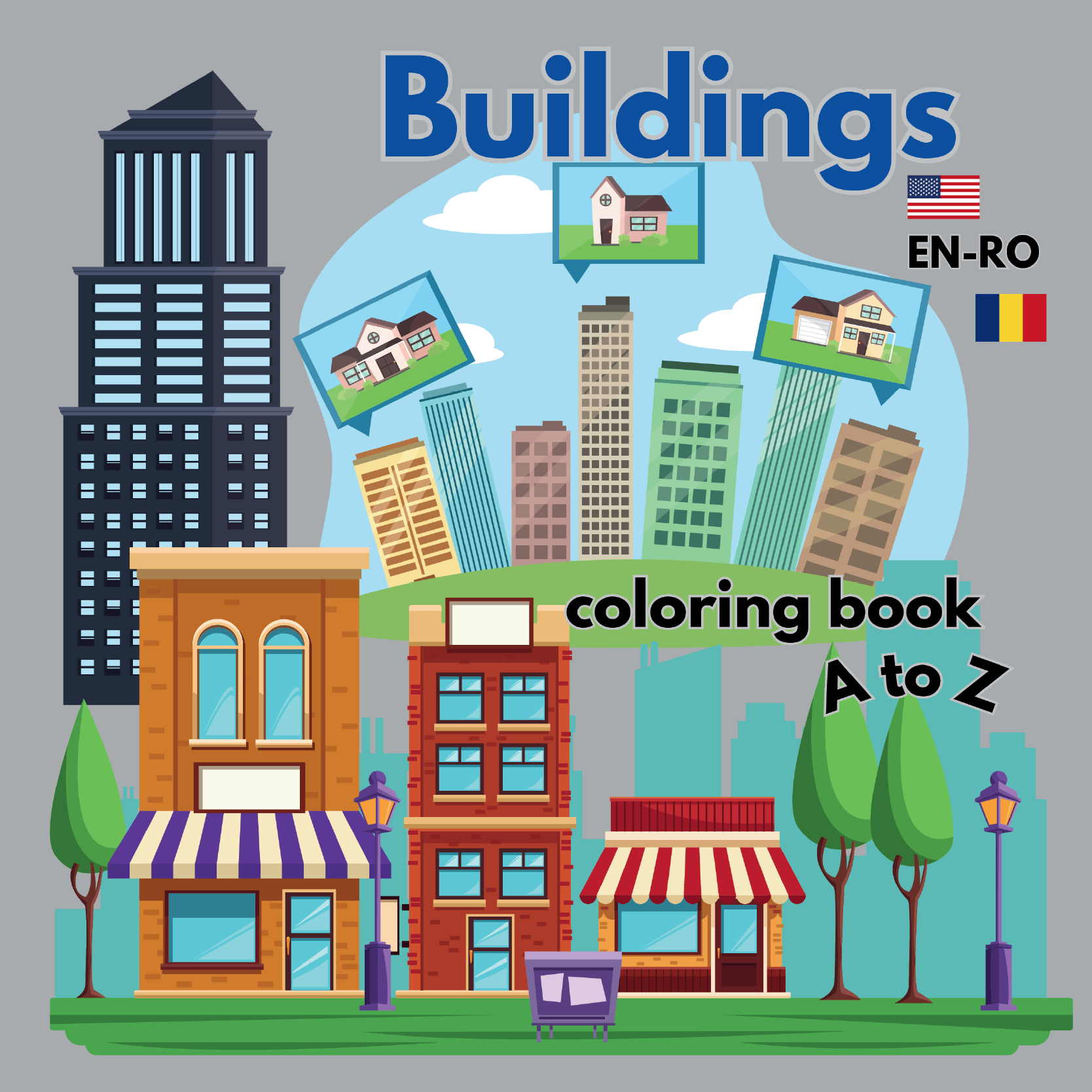 Buildings coloring book from A to Z (RO-EN)